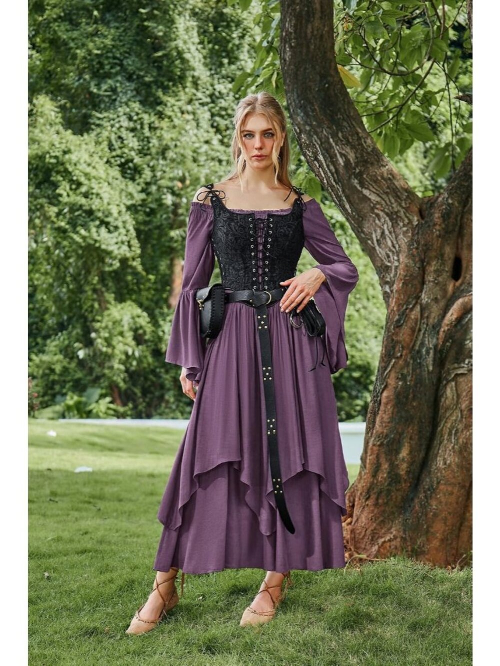 Women's Purple Renaissance Maxi Dress Off Shoulder Bell Long Sleeve Halloween - Picture 5 of 7